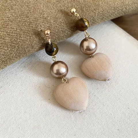 Herz Ohrhänger Mit Tigerauge Holz Kunstperle Und 925 Sterling Silber Ohrstecker Vintage Retro Stil Schmuck