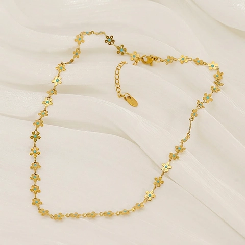 Flower Necklace 18K Gold Plated Stainless Steel Turquoise Blue Enamel Floral Clavicle Chain For Women Elegant Vintage