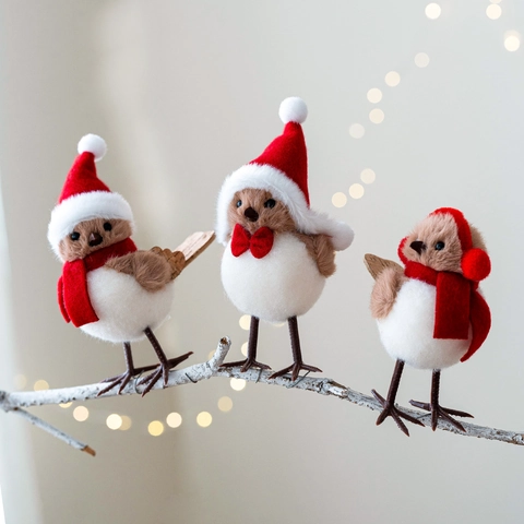 Ornamento Uccello di Natale Con Cappello Rosso Sciarpa Schiuma Tessuto Peluche Uccellino Statuina Decorazione Tavola Festa