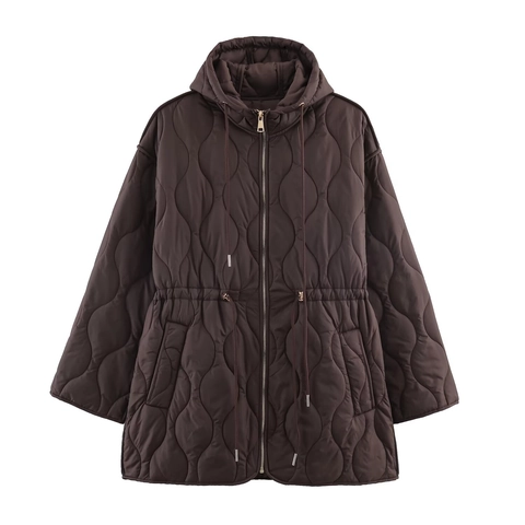 Gewatteerde Jas Met Capuchon Voor Dames Polyester Golfpatroon Trekkoord Taille Rits Streetwear Casual
