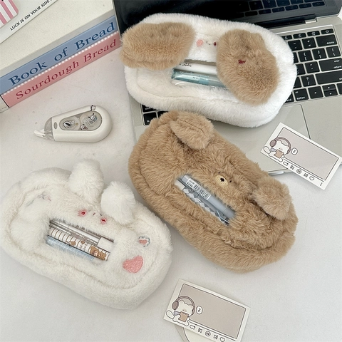 Cute Plush Animal Pencil Case Large Capacity Cartoon Bear Bunny Dog Stationery Pouch Desktop Storage Bag For Students Girls