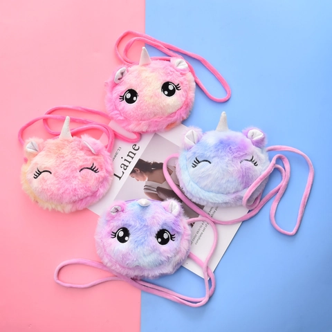 Unicorn Cartoon Plush Crossbody Bag Gradient Colorful Kids Shoulder Purse Soft Travel Mini Bag Girls Gift