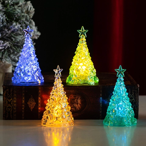 Glowing Mini Christmas Tree Night Light Crystal Texture Plastic Desktop Decor Star Topper Festive Holiday Ornament