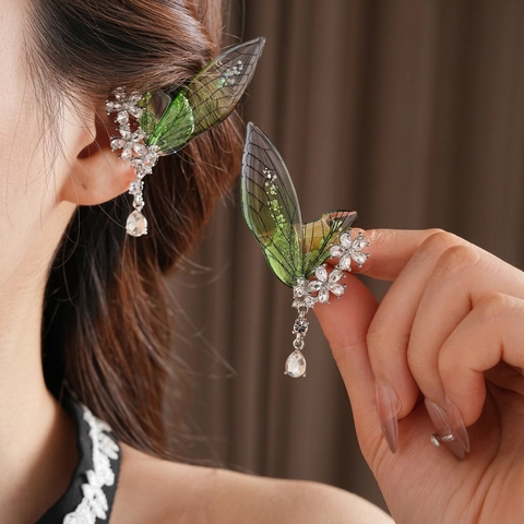 Orecchini Ear Cuff Ala Verde Fata Con Lega Resina Strass E Perno Per Orecchini In Argento Sterling 925