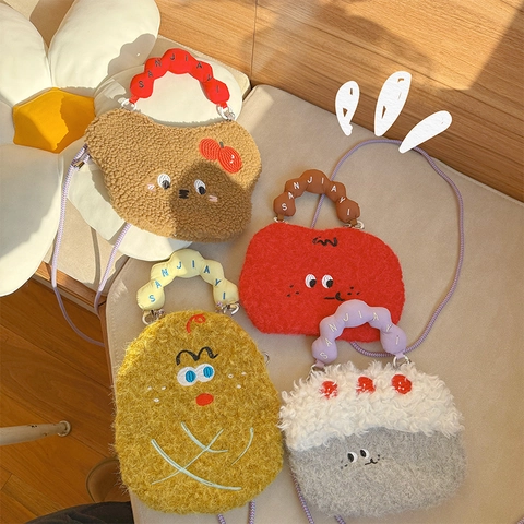 Cute Cartoon Embroidery Mini Crossbody Bag Plush Faux Lamb Wool Handbag With Wavy Handle For Women Girls Daily Accessory