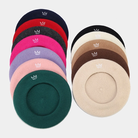 Boina De Lana Mujer Gorra De Pintor Francés Vintage Con Bordado De Corona Color Sólido Invierno