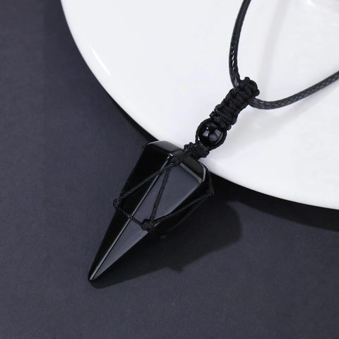 Natural Obsidian Amethyst Pendulum Pendant Necklace Hexagonal Pillar Gemstone Handmade Woven Rope For Men Women