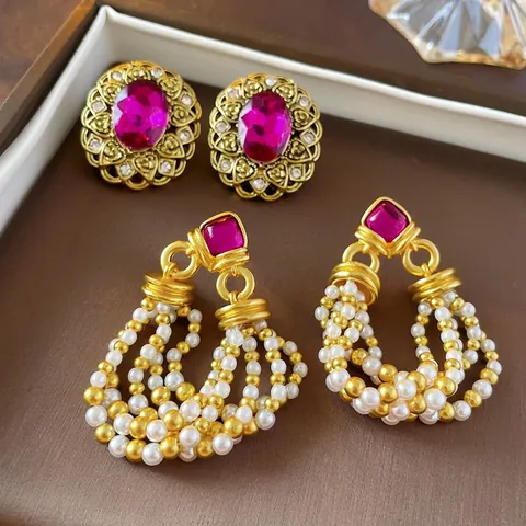 Pendientes De Filigrana Ovalados Estilo Palacio Vintage Con Poste De Plata Aleación Diamantes Imitación Piedra Magenta Perla Artificial