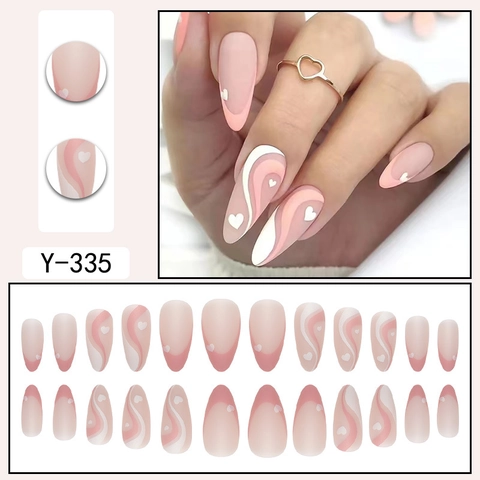 Unghie Finte A Mandorla Opache Rosa Onda Francese Design Cuore Bianco Unghie Artificiali Stile Romantico Bellezza