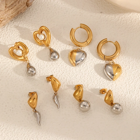 Orecchini A Cuore Geometrico In Acciaio Inossidabile Placcato Oro 18K Argento Bicolore Gioielli Di Moda Per Donna