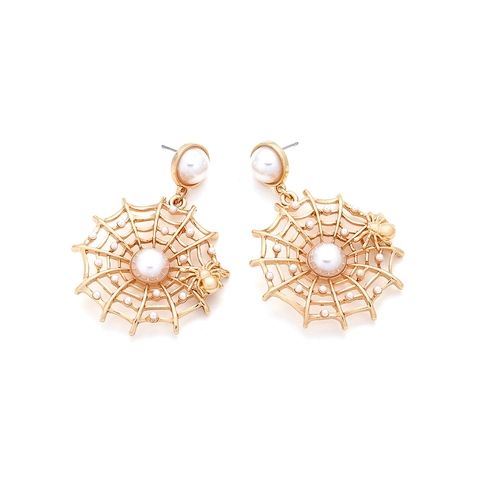 Gothic Spider Web Drop Earrings For Women Gold Zinc Alloy Hollow Earrings With Artificial Pearl Spider Jewelry For Halloween Party