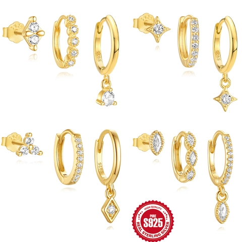925 Sterling Silver Gold Plated Zirconia Star Oval Stud Hoop Earring Combination For Women Vintage Minimalist Jewelry