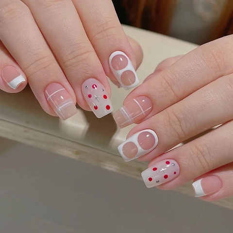 Unghie Finte Quadrate French Press On Motivo A Pois E Quadri Rosa Nude Bianco Unghie Artificiali Lucide Per Donne Manicure DIY