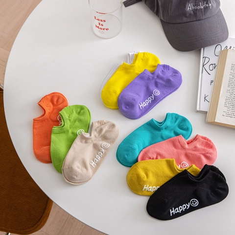 Women Cotton Low Cut Boat Socks Non Slip Breathable Invisible Candy Color Smile Face Happy Print Sweet Soft Casual