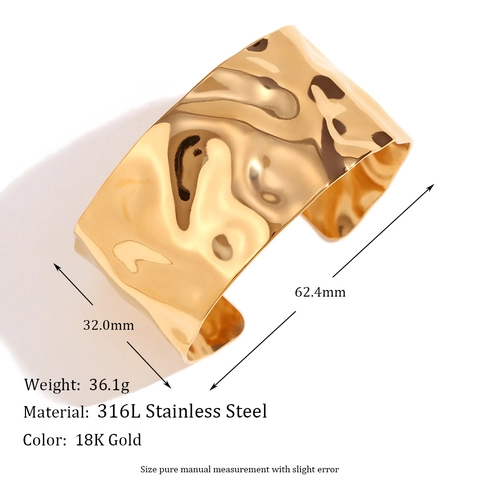 Bracelet Jonc Ouvert en Acier Inoxydable Texture Martelée pour Femme Bracelet Large Géométrique Exagéré Ondes Irrégulières Bijoux