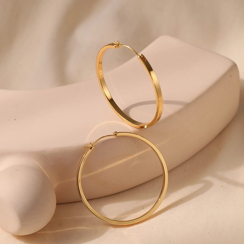 Pendientes de Aro Minimalistas de Latón Chapado en Oro de 18K Para Mujer Pulido Liso Redondo Geométrico Hip Hop
