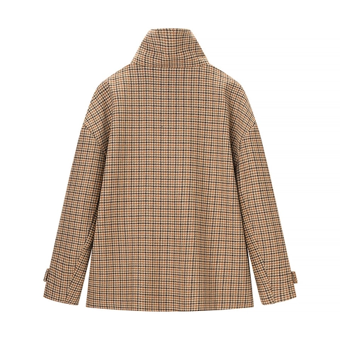 Damen Kurzjacke Mit Hahnentrittmuster Retro Französischer Stil Stehkragen Einreihig Langarm Polyester Oberbekleidung