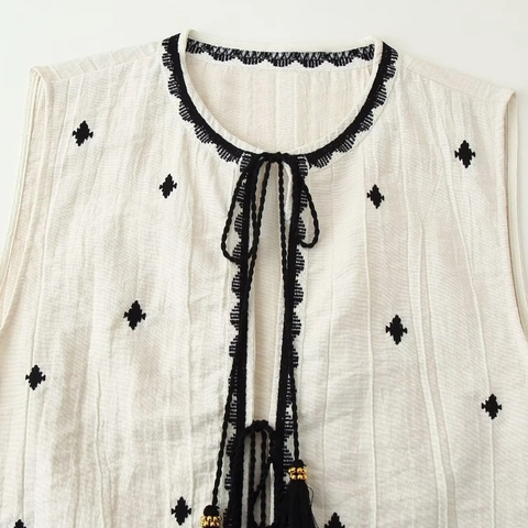 Top À Lacets Et Short Femmes Coton Lin Sans Manches Broderie Gilet Gland Décontracté Style Boho