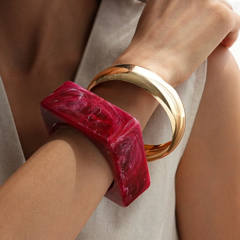Bracciale Rigido Spesso In Acrilico Con Trama Marmorea Quadrato Geometrico Rotondo Metallo Lucido Gioielli Minimalisti
