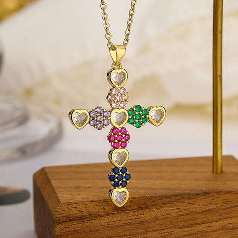 Collar Con Colgante De Cruz De Cobre Chapado En Oro Circón Colorido Incrustaciones Joyería De Moda Para Mujeres