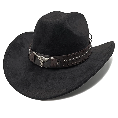 Western Cowboy Hat Suede Polyester Wide Brim With Bull Head Metal Logo And Rivet Belt Sunshade Retro Style For Men Women