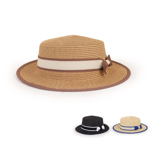 Cappello Di Paglia Boater Carta Fiocco Tesa Larga Protezione Solare Estate Spiaggia Stile Donne Bambini