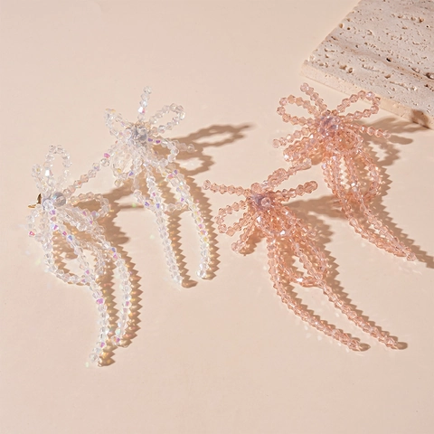 Bowknot Tassel Beaded Drop Earrings Glass Crystal Sweet Elegant Fresh Style Jewelry With Silver Earring Post For Women