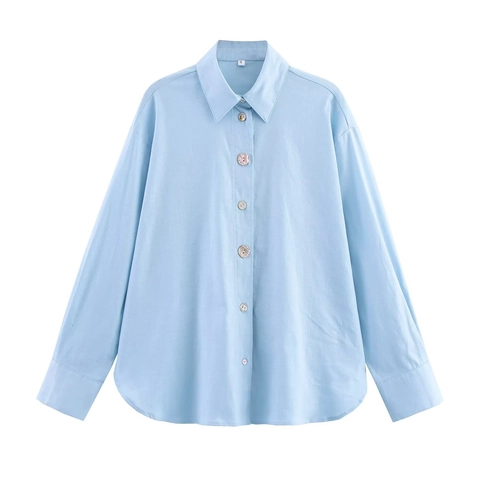 Women Blouse Long Sleeve Shirt Faux Linen Polyester Single Breasted Solid Color Curved Hem Casual Office Wear Top