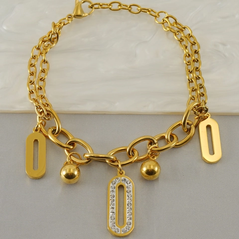 Geometric Pendant Bracelet Stainless Steel 18K Gold Plated Rhinestone Double Layer Chain Trendy Jewelry For Women