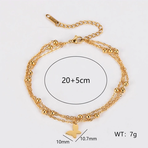 Butterfly Pendant Multi Layer Bracelet 304 Stainless Steel Gold Plated Bead Chain Layered Minimalist Jewelry For Women