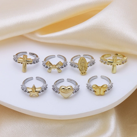Anillos Abiertos Ajustables Para Mujeres Cobre Chapado En Dos Tonos Circonita Cúbica Cruz Corazón Estrella Mariposa Virgen María Joyería Religiosa
