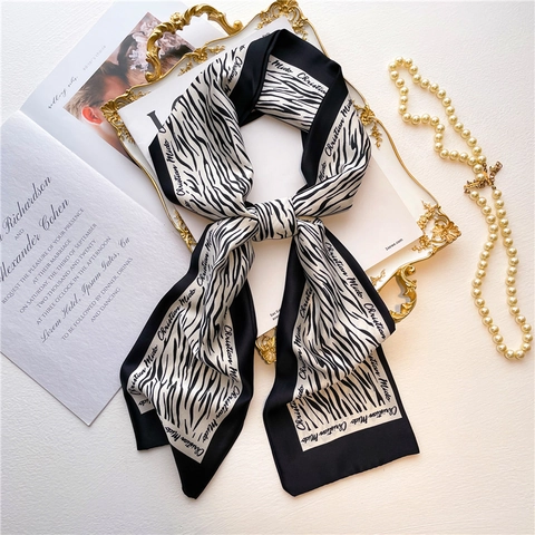 Long Skinny Scarf Imitation Satin Double Layer Houndstooth Zebra Pattern Fashion Neck Tie Hair Ribbon Bag Accessory Women