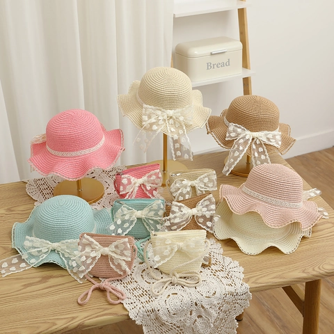 Chapeau De Paille Et Sac À Main Assorti Filles Douce Noeud Dentelle Imprimé Cœur Protection Solaire Plage Été