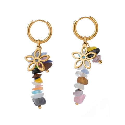 Edelstahl Creolen Hängeohrringe Mit Vergoldeter Hohler Blume Und Naturstein Splitter Boho Schmuck Für Damen