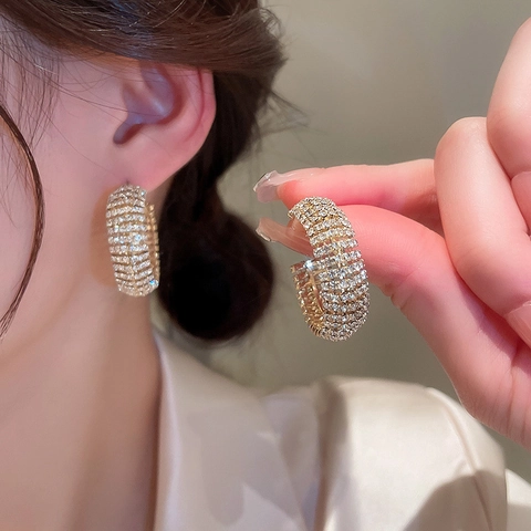 Orecchini A Cerchio A Forma Di C Con Strass E Perno In Argento Sterling 925 Rame Placcato Oro Lusso Geometria Per Donna