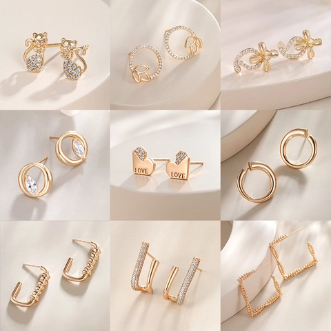 Pendientes De Aleación Con Circonita Chapado En Oro Geométrico Corazón Estrella Flor De Botón Para Mujer Joyería De Moda