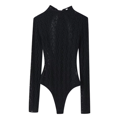 Dames Elegante Kant Bodysuit Lange Mouwen Opstaande Kraag Bubbeltextuur Met Satijnen Strik Detail Drukknopen Zwart