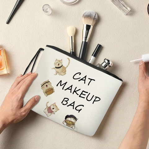 Katten Make-uptas Leuke Cartoon Fijn Linnen Polyester Draagbare Reis Toilettas Organizer Pouch Met Ritssluiting En Polsband