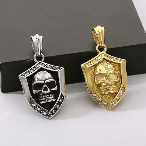 Skull Shield Pendant Necklace Stainless Steel Rhinestone Inlaid Cross Men Punk Retro Hip Hop Jewelry