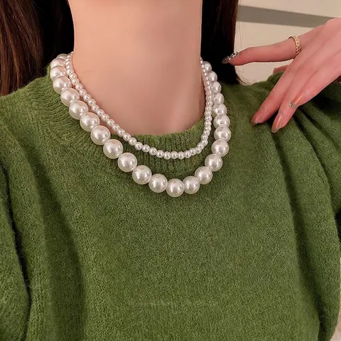 Artificial Pearl Halskette Französischer Retro Stil Elegante Schlüsselbeinkette Legierung Schmuck Für Frauen Mehrlagig Einfach