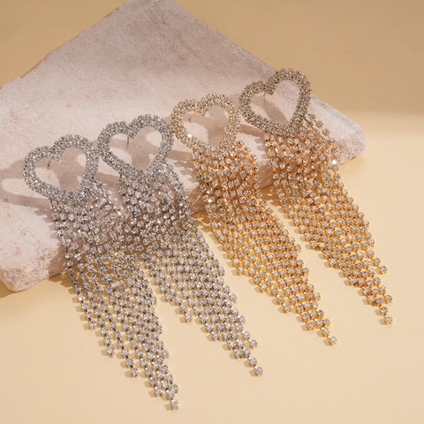 Pendientes De Borla De Corazón Con Postes De Plata Circonita Estrás Cobre Largo Colgante Moda Para Mujer Lujo