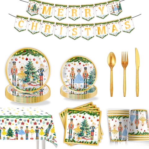 Nutcracker Christmas Party Tableware Set White Gold Paper Plates Cups Napkins Banner Tablecloth For Holiday Celebration Party Decor