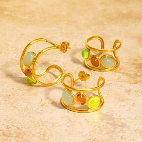 Pendientes Y Ear Cuff De Acero Inoxidable Chapado En Oro De 18K Estilo Vintage Francés Con Piedra Natural Para Mujeres