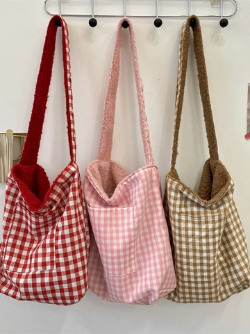 Plüsch Tragetasche Große Kapazität Warm Weich Lammwolle Schultertasche Mit Kariertem Futter Für Damen Herbst Winter Alltag