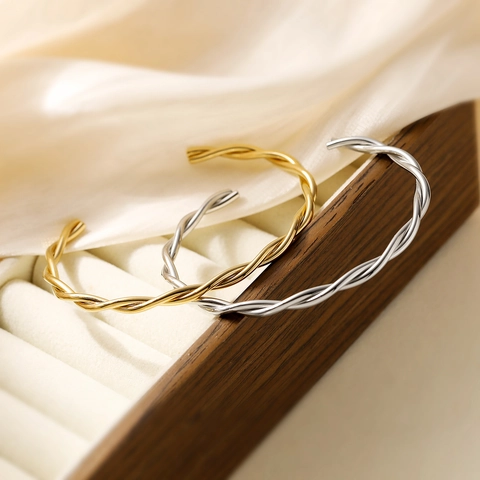 Vintage Stainless Steel Twisted Rope Bangle For Women Gold Silver Plated Minimalist Open C-Shaped Bangle Jewelry Gift