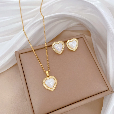 Heart Necklace And Earrings Gold Plated Titanium Steel Mother Of Artificial Pearl Cubic Zirconia With Silver Earring Post Elegant