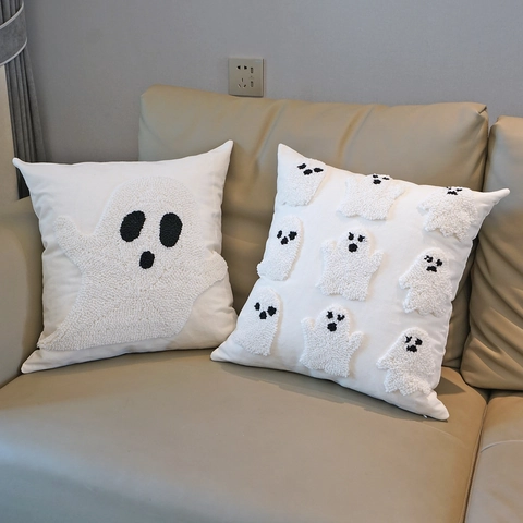 Geist Halloween Kissenbezug Chenille Getuftet Bestickter Kissenhülle Weich Canvas Deko Für Couch Sofa Wohnzimmer Weiß
