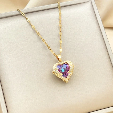 Collana con Pendente a Cuore in Acciaio Inossidabile di Moda per Donna Gioielli con Catena a Labbro in Oro Argento con Strass e Ali