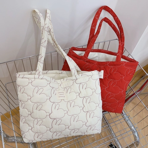 Borsa Tote In Cotone Trapuntato Con Ricamo A Coniglio Carino Grande Capacità Semplice Casual Donna Borsa A Spalla Versatile