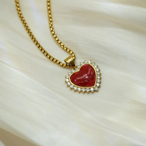 Heart Pendant Stainless Steel 18K Gold Plated 3A Zircon Red Synthetic Stone Simple Luxury INS Style Jewelry For Women